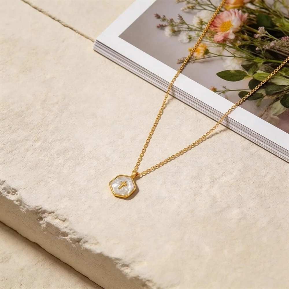 14K Gold Plated Cross Necklace With Pearl Accent - Picture 3 of 4